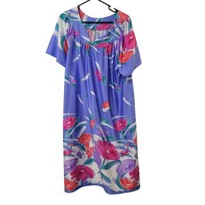 Granada Vintage 1X Purple Floral Muu Muu House Dress Nightgown Pockets